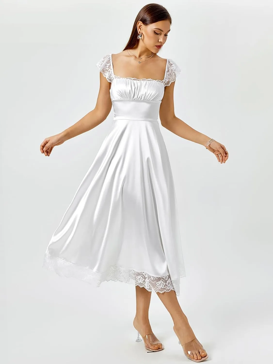 EYNMIN Lace Strap Chiffon Dresses for Women Casaul Flowy A Line Midi Tea Party Dress
