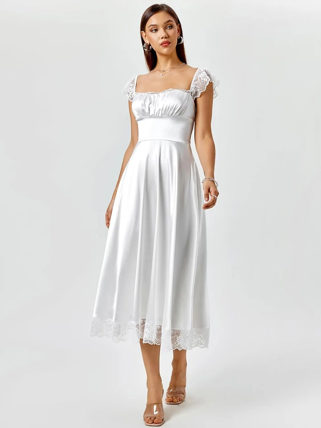 EYNMIN Lace Strap Chiffon Dresses for Women Casaul Flowy A Line Midi Tea Party Dress