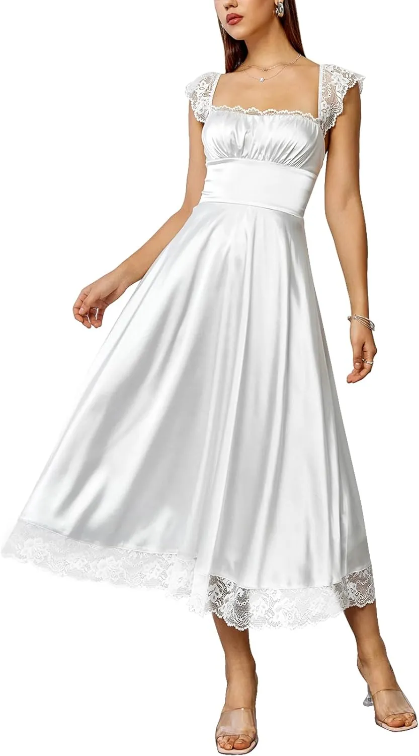 EYNMIN Lace Strap Chiffon Dresses for Women Casaul Flowy A Line Midi Tea Party Dress