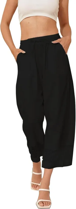 Fancysters Womens Linen Capri Pants Wide Leg High Waisted Palazzo Flowy Casual Loose Beach Summer Pants with Pockets