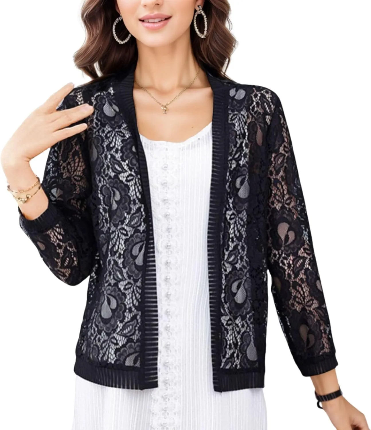 FindThy Women’s Open Front Lace Cardigan Long Sleeve Floral Crochet Summer Shrug Cover Ups