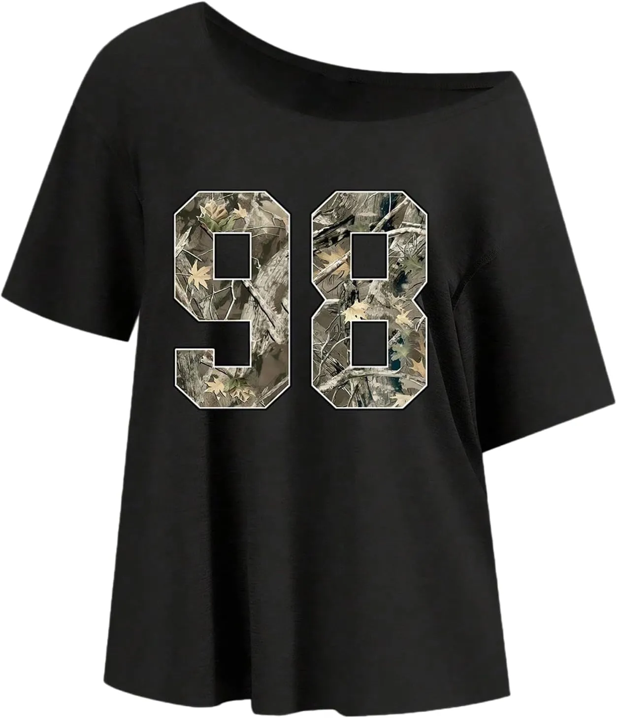 Floerns Women's Camo Number Print Short Sleeve T Shirts Asymmetrical Neck Oversized Tee Tops