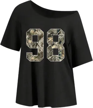 Floerns Women's Camo Number Print Short Sleeve T Shirts Asymmetrical Neck Oversized Tee Tops
