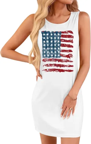 For G and PL Women 4th of July American Flag Tank Dress Crewneck Stars Stripe Mini Patriotic Sleeveless Beach Sundress