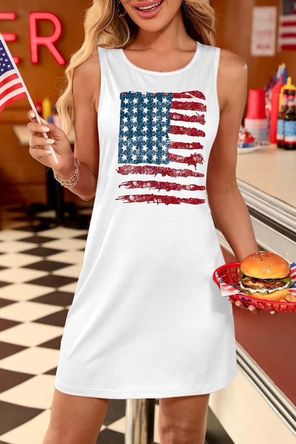 For G and PL Women 4th of July American Flag Tank Dress Crewneck Stars Stripe Mini Patriotic Sleeveless Beach Sundress