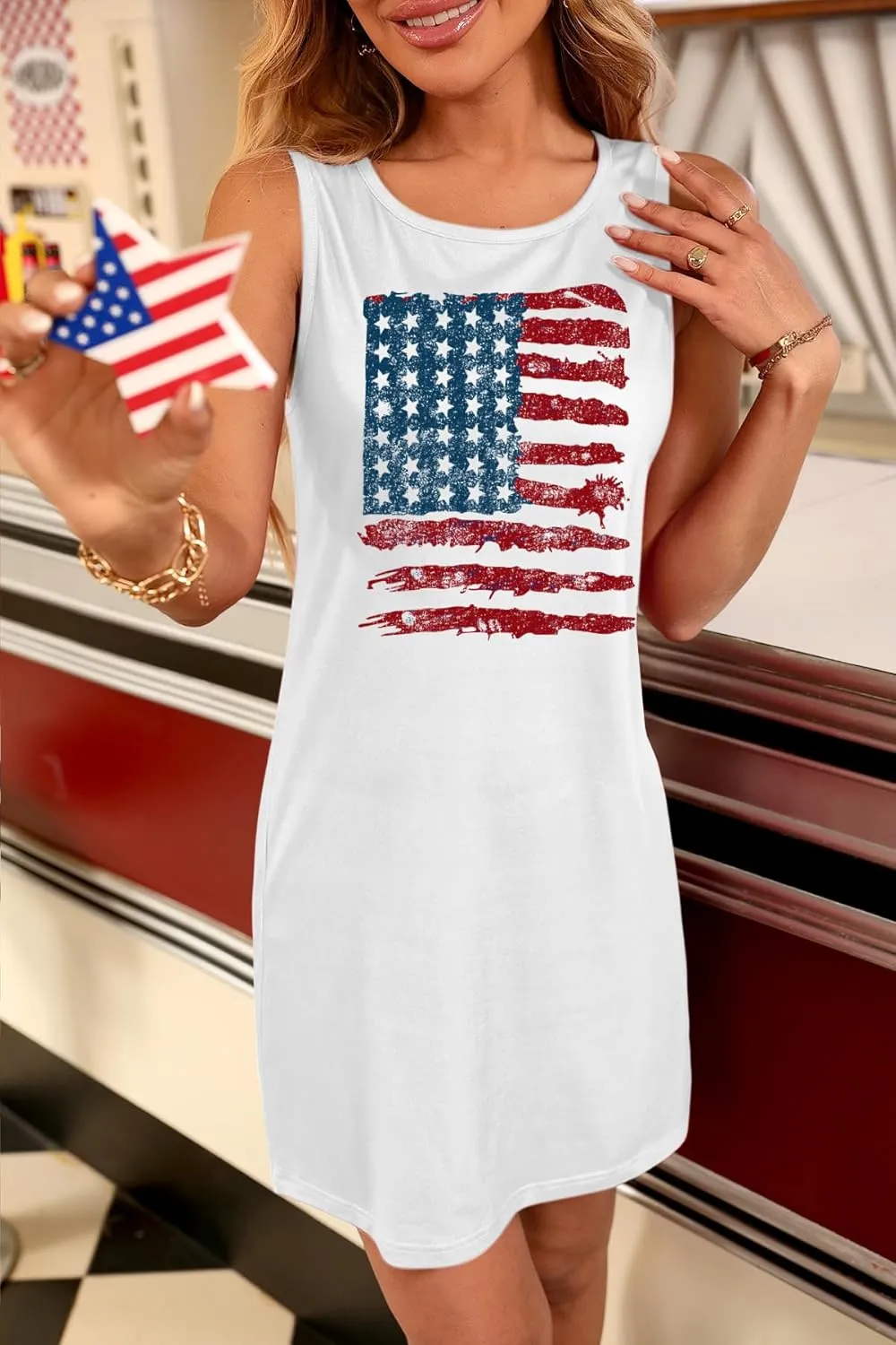 For G and PL Women 4th of July American Flag Tank Dress Crewneck Stars Stripe Mini Patriotic Sleeveless Beach Sundress