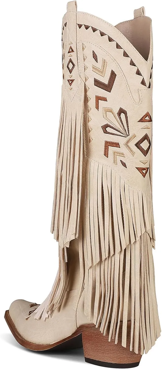 Fringe Cowgirl Boots-Square Toe Chunky Heel Cowboy Boots Wide Calf Knee High Boots Embroidered Tassel Pull on Fall Winter Western Vintage Retro Shoes for Ladies
