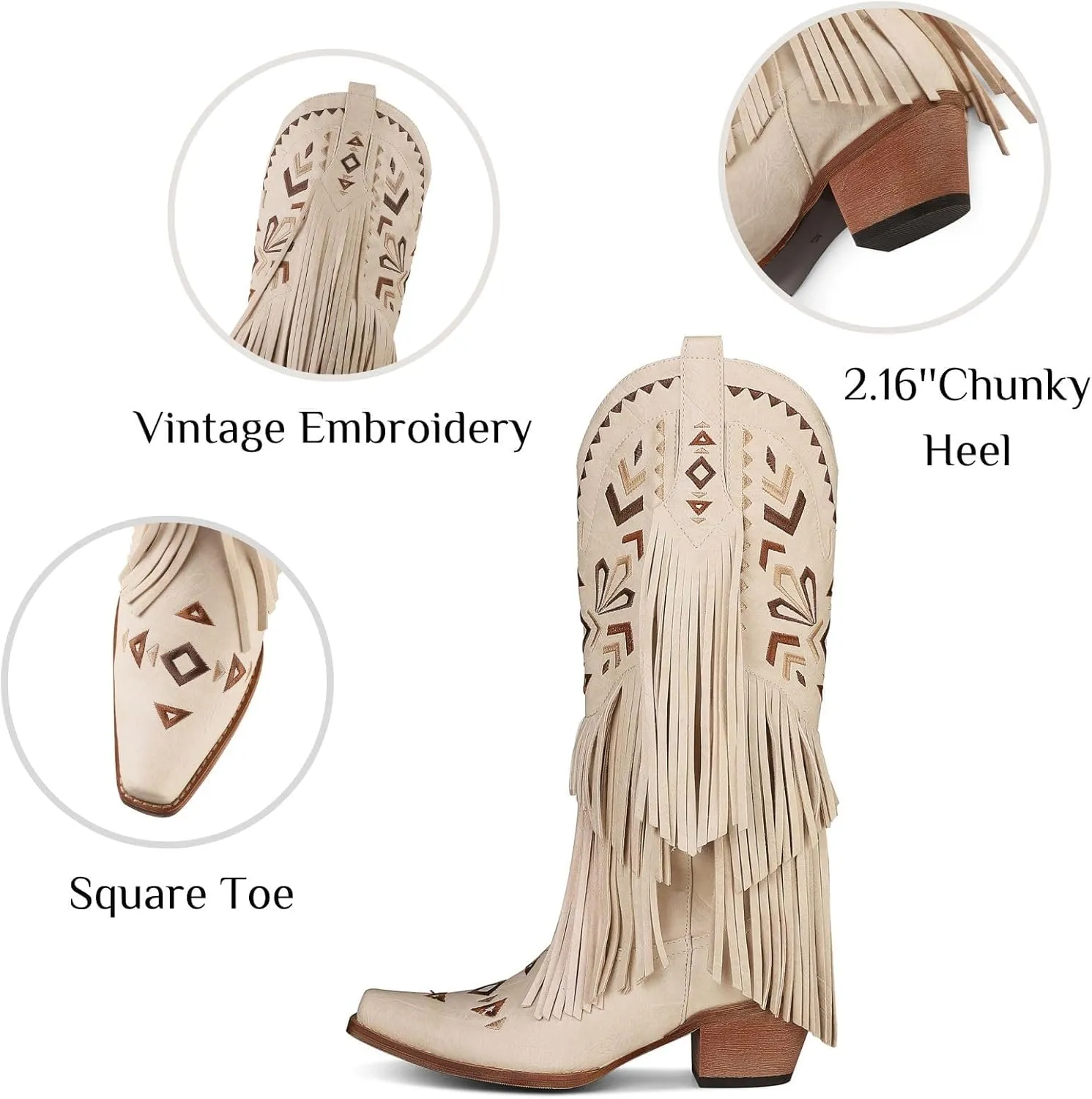 Fringe Cowgirl Boots-Square Toe Chunky Heel Cowboy Boots Wide Calf Knee High Boots Embroidered Tassel Pull on Fall Winter Western Vintage Retro Shoes for Ladies