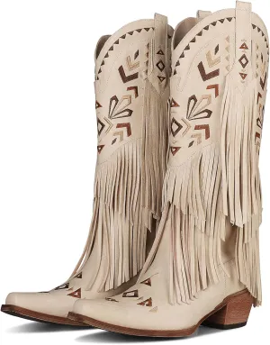 Fringe Cowgirl Boots-Square Toe Chunky Heel Cowboy Boots Wide Calf Knee High Boots Embroidered Tassel Pull on Fall Winter Western Vintage Retro Shoes for Ladies