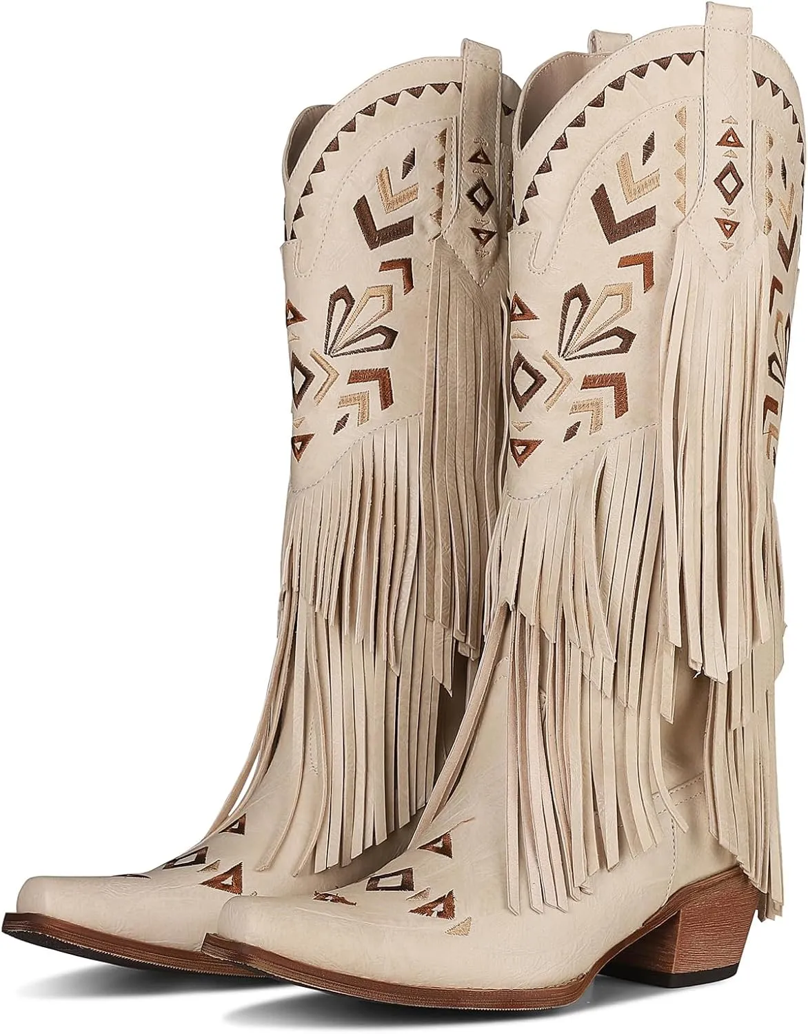 Fringe Cowgirl Boots-Square Toe Chunky Heel Cowboy Boots Wide Calf Knee High Boots Embroidered Tassel Pull on Fall Winter Western Vintage Retro Shoes for Ladies