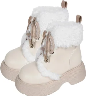 Front Lace-Up Raw Edge Plush Snow Boots, Short Plush Lining Warm Short Boots Leather Stitching Casual Boots Waterproof and Non-Slip Winter Boots