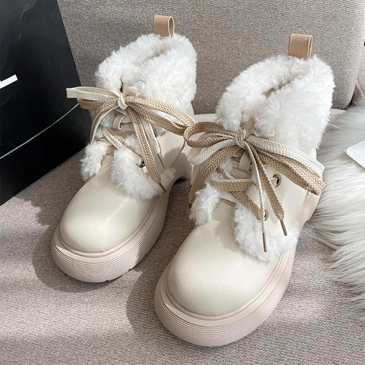 Front Lace-Up Raw Edge Plush Snow Boots, Short Plush Lining Warm Short Boots Leather Stitching Casual Boots Waterproof and Non-Slip Winter Boots
