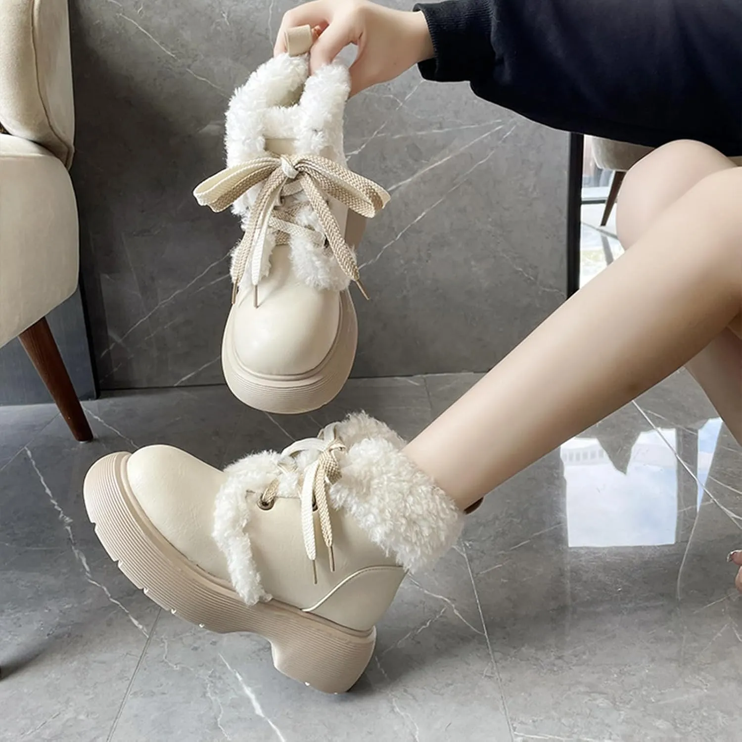Front Lace-Up Raw Edge Plush Snow Boots, Short Plush Lining Warm Short Boots Leather Stitching Casual Boots Waterproof and Non-Slip Winter Boots