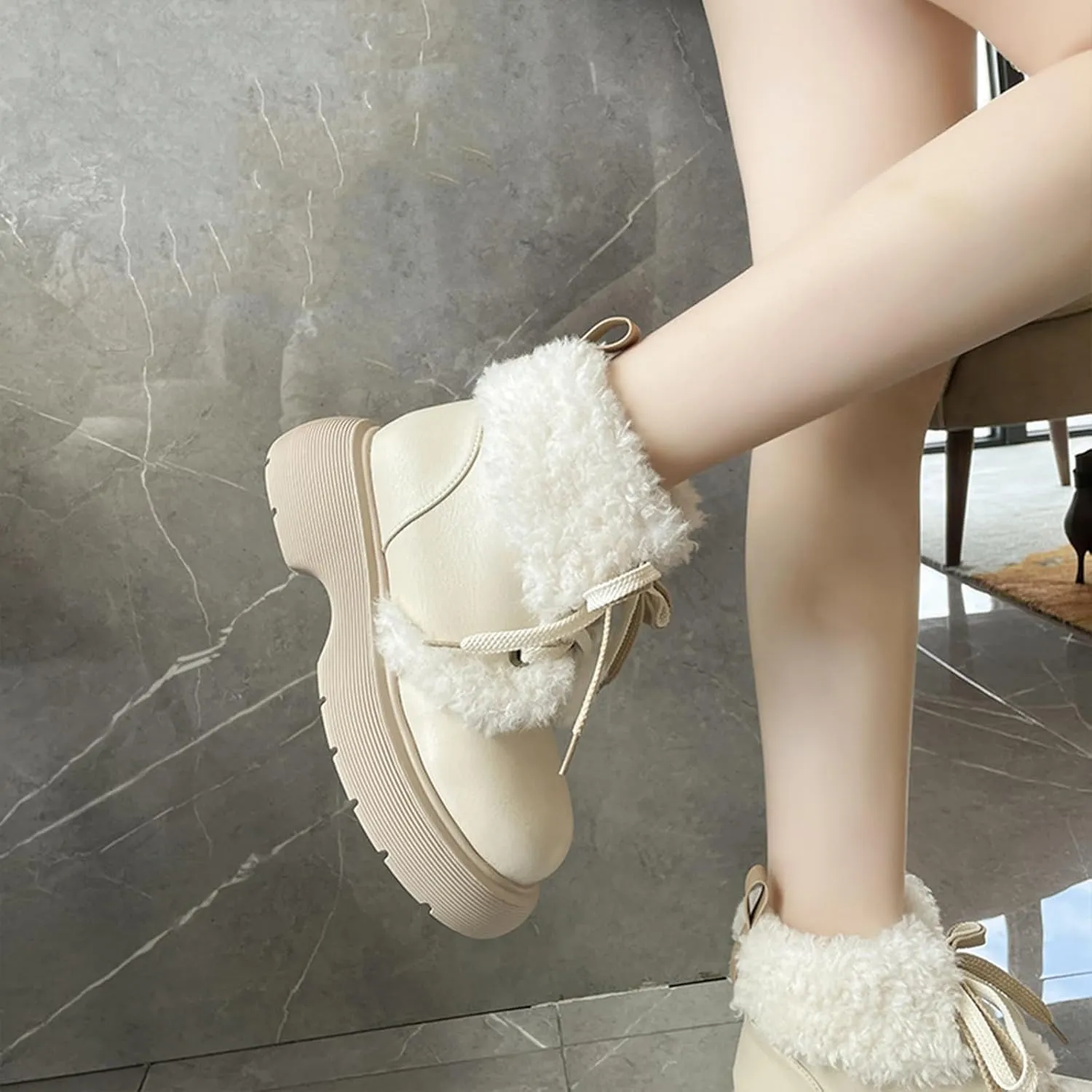 Front Lace-Up Raw Edge Plush Snow Boots, Short Plush Lining Warm Short Boots Leather Stitching Casual Boots Waterproof and Non-Slip Winter Boots