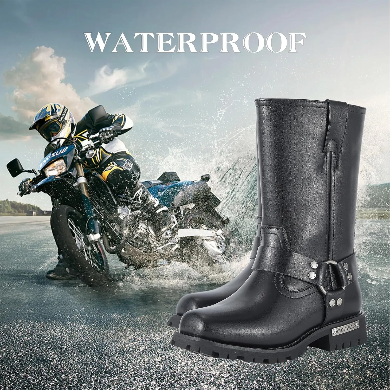 GARGOYLE BELLS Women's Leather Motorcycle Boots Cycling Boots Waterproof Non-slip Casual Boots Mid Calf