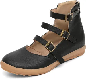 GATUXUS Women's Low Wedge Back Zipper Flats Sandals Ankle Strap Buckle Closed Toe Mary Jane Ballet Flat Shoes