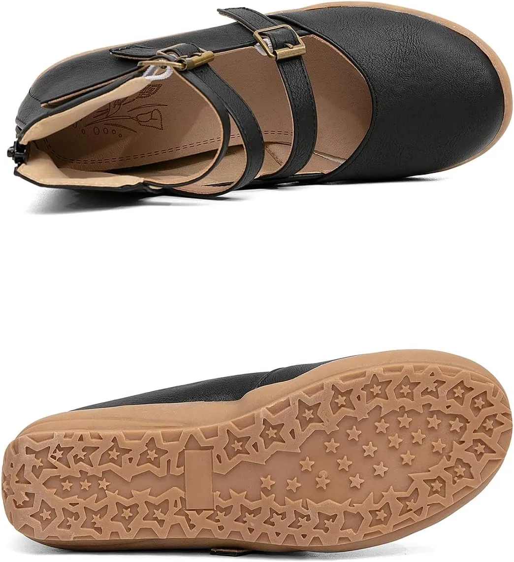 GATUXUS Women's Low Wedge Back Zipper Flats Sandals Ankle Strap Buckle Closed Toe Mary Jane Ballet Flat Shoes