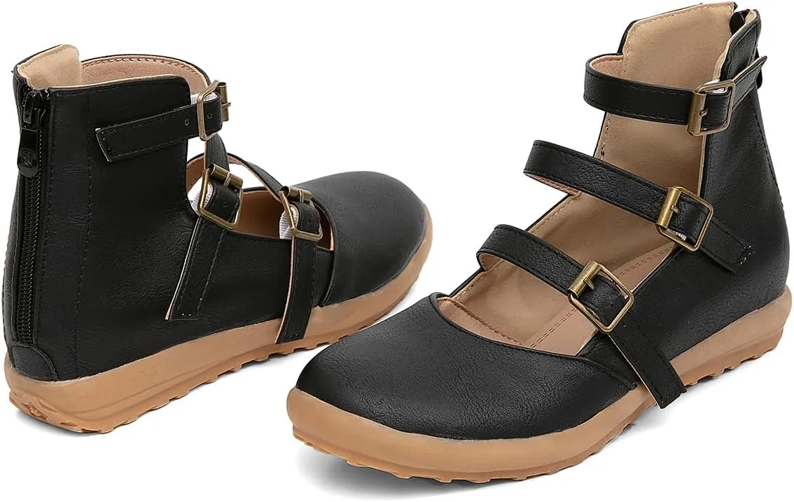 GATUXUS Women's Low Wedge Back Zipper Flats Sandals Ankle Strap Buckle Closed Toe Mary Jane Ballet Flat Shoes