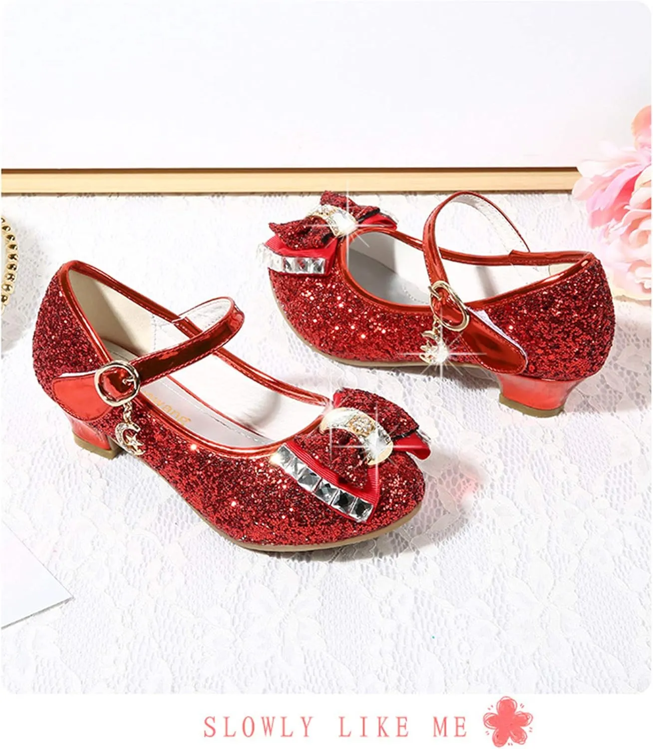 Girls Bow Dress Shoes Toddler Sparkling Princess Shoes Glitter Flower Little Girl Flats Mary Jane Low Heels Stage Performance Shoes for Wedding/School/Dance/Festival