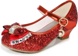 Girls Bow Dress Shoes Toddler Sparkling Princess Shoes Glitter Flower Little Girl Flats Mary Jane Low Heels Stage Performance Shoes for Wedding/School/Dance/Festival