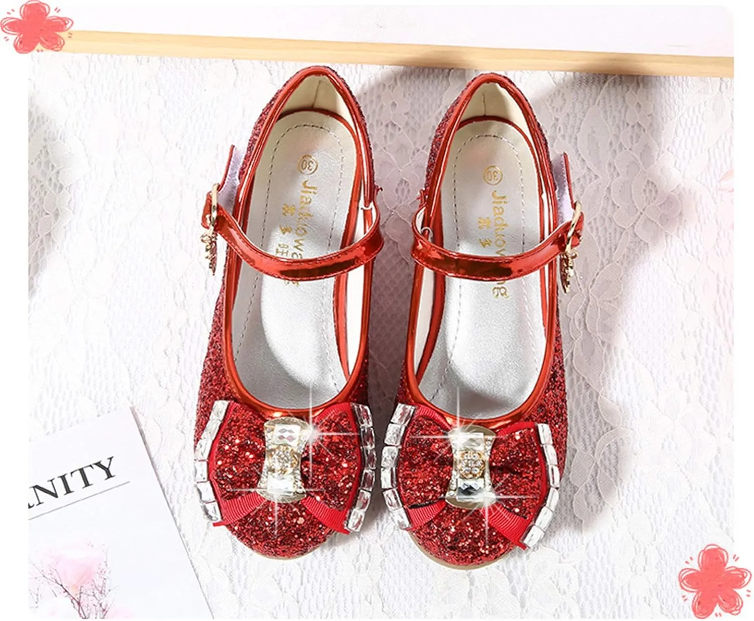 Girls Bow Dress Shoes Toddler Sparkling Princess Shoes Glitter Flower Little Girl Flats Mary Jane Low Heels Stage Performance Shoes for Wedding/School/Dance/Festival