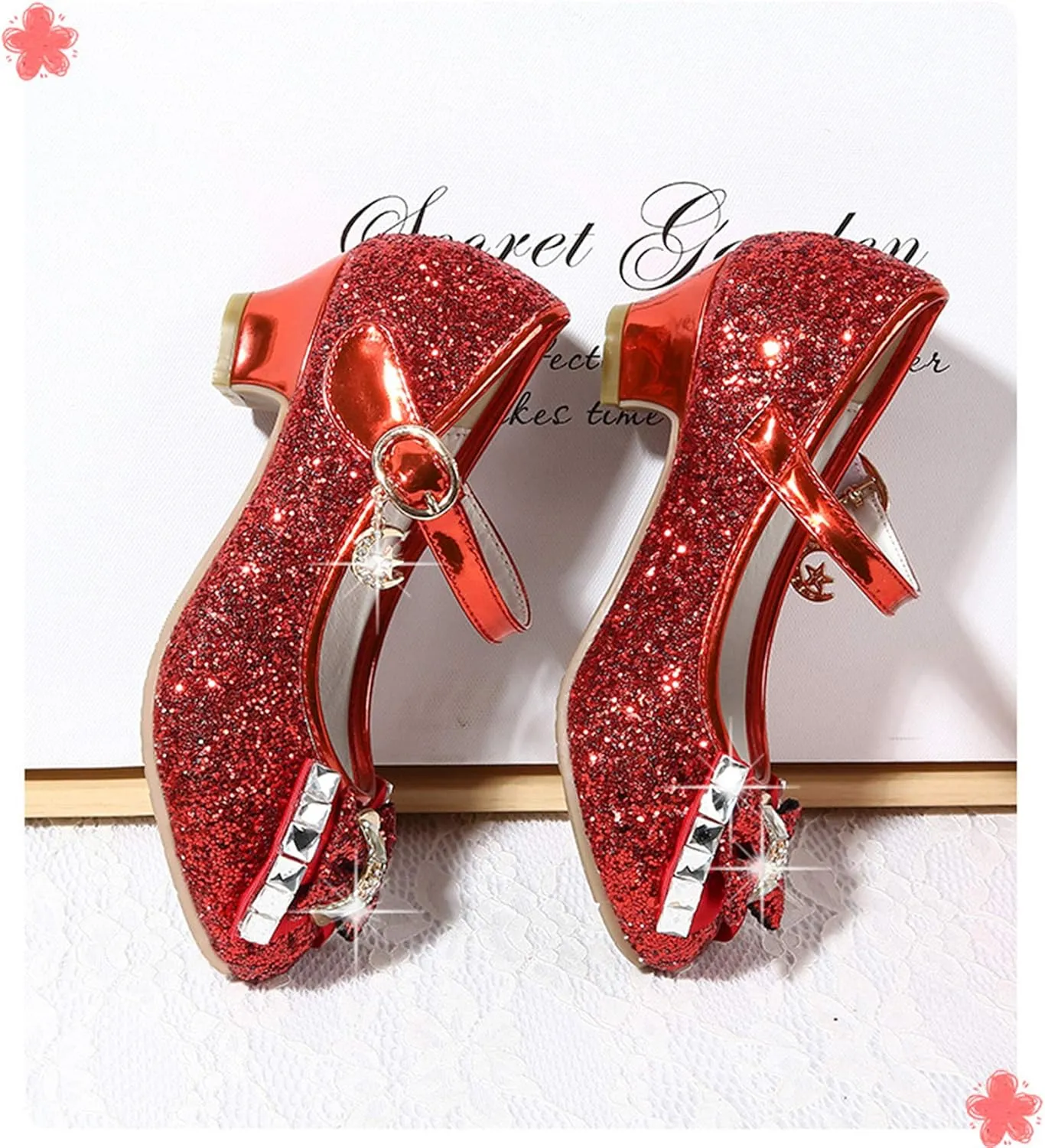 Girls Bow Dress Shoes Toddler Sparkling Princess Shoes Glitter Flower Little Girl Flats Mary Jane Low Heels Stage Performance Shoes for Wedding/School/Dance/Festival