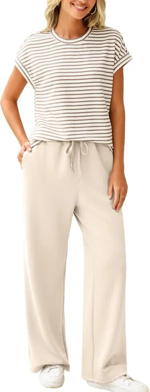 Glamaker Women's 2 Piece Sets Striped Summer Outfits Short Sleeve Shirts Wide Leg Pants Casual Lounge Sweatsuits