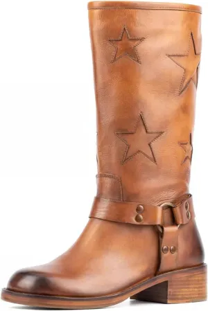 Goolita Buckle Biker Boots Women Square Toe Chunky Heel Star Moto Mid Calf Boots Slip On Motorcycle Riding Boot