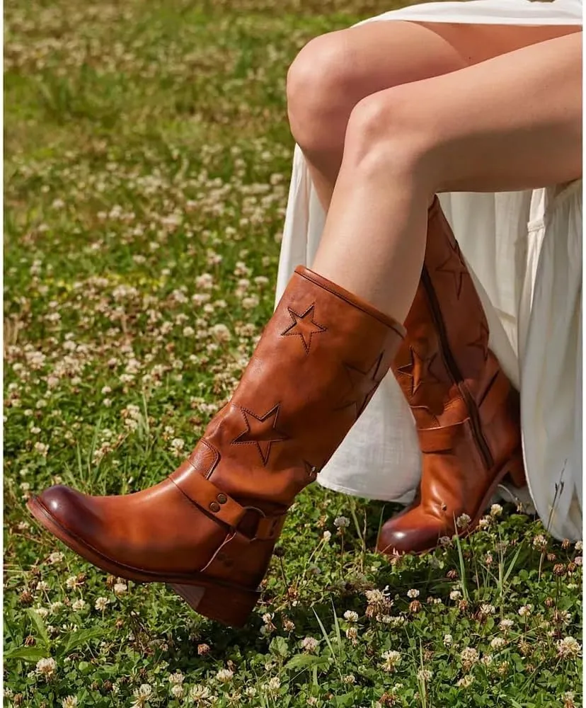 Goolita Buckle Biker Boots Women Square Toe Chunky Heel Star Moto Mid Calf Boots Slip On Motorcycle Riding Boot