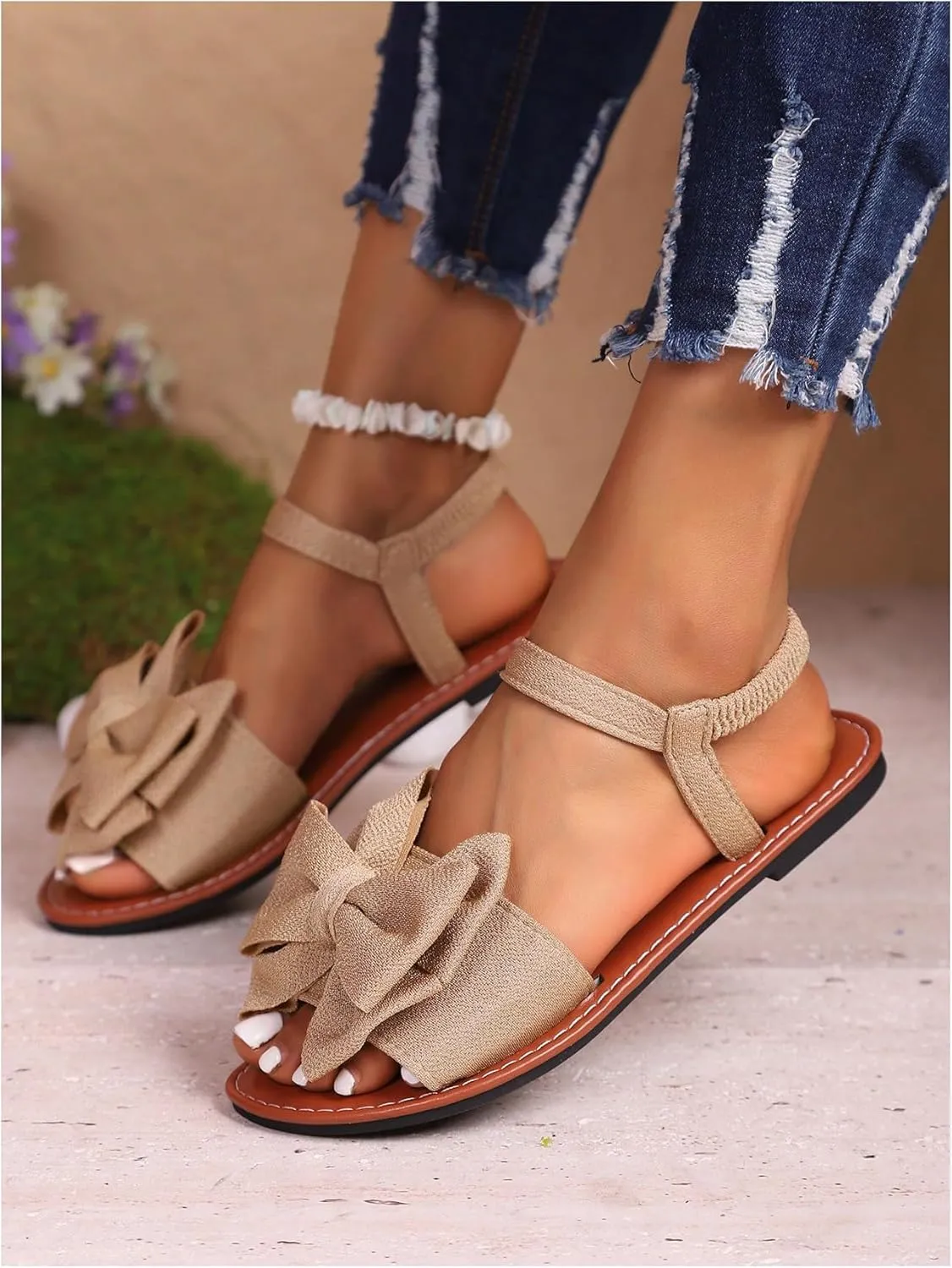 GORGLITTER Women's Bow Flat Sandals 2025 Dressy Open Toe Ankle Strap Summer Vacation Slides Shoes