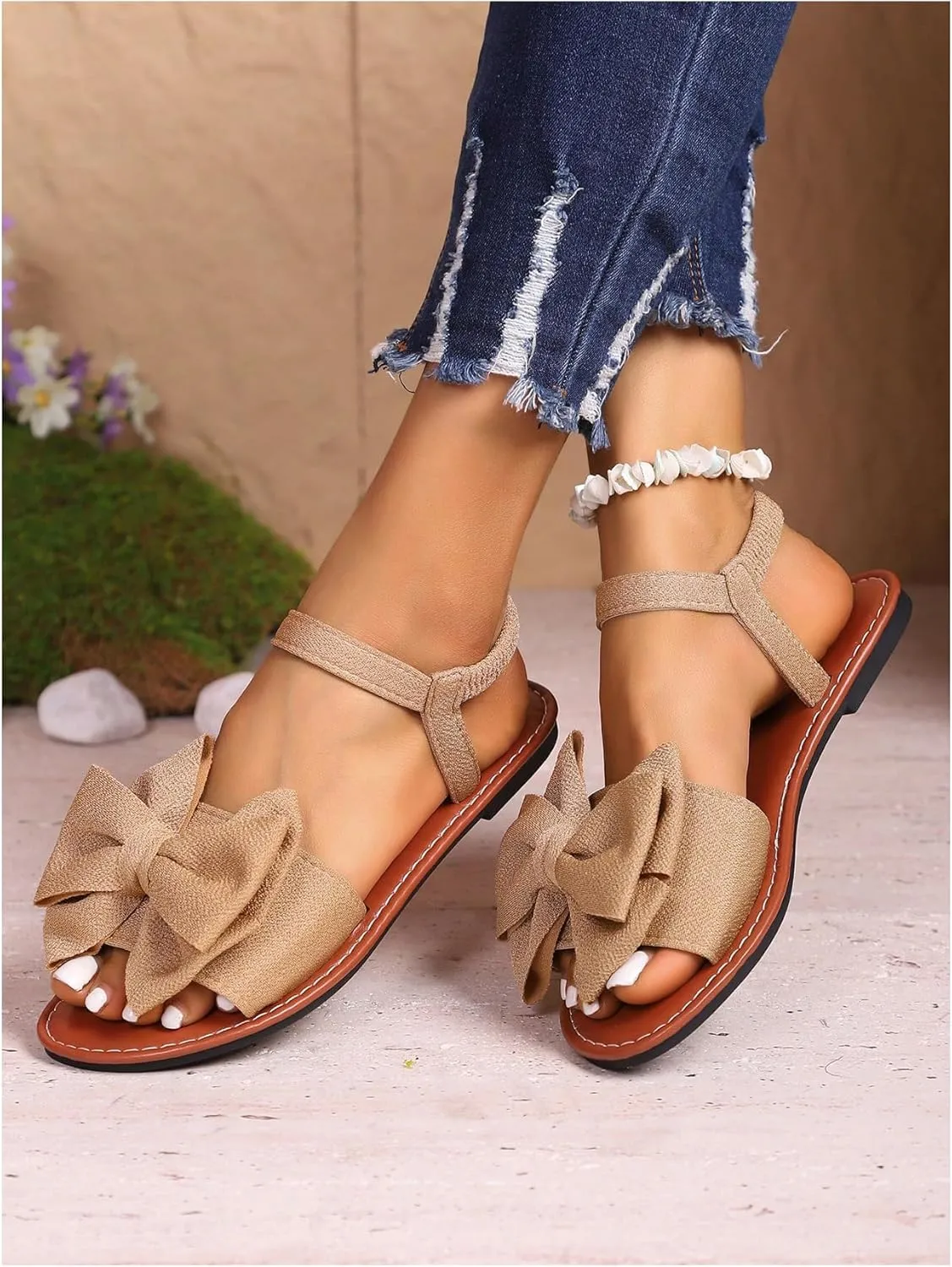 GORGLITTER Women's Bow Flat Sandals 2025 Dressy Open Toe Ankle Strap Summer Vacation Slides Shoes