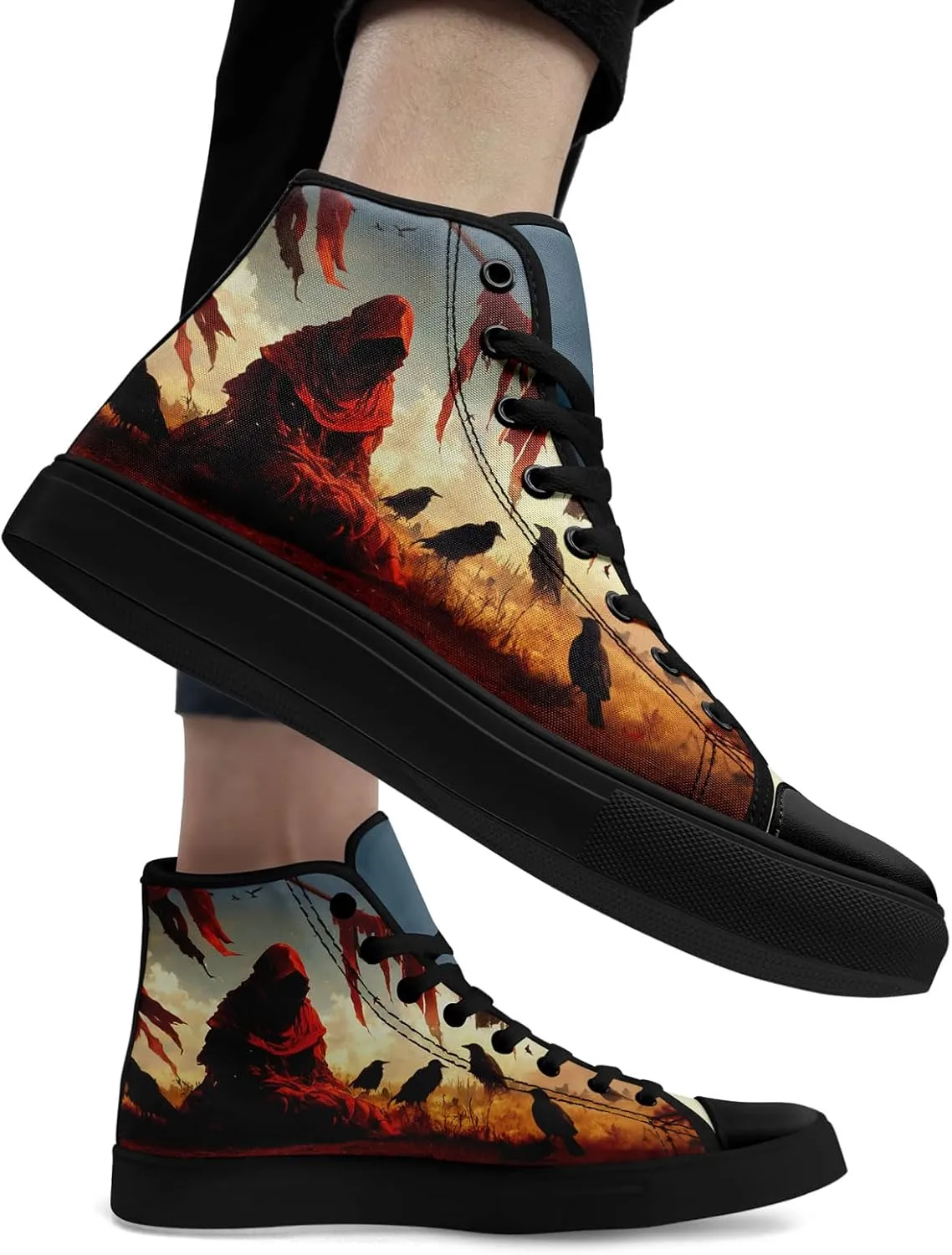 Gothic Skull High Top Canvas Sneakers for Men Women Butterflies Flames Flower Vivid Lace up Flat Casual Walking Shoes