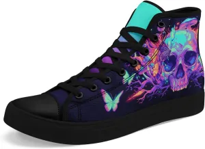 Gothic Skull High Top Canvas Sneakers for Men Women Butterflies Flames Flower Vivid Lace up Flat Casual Walking Shoes