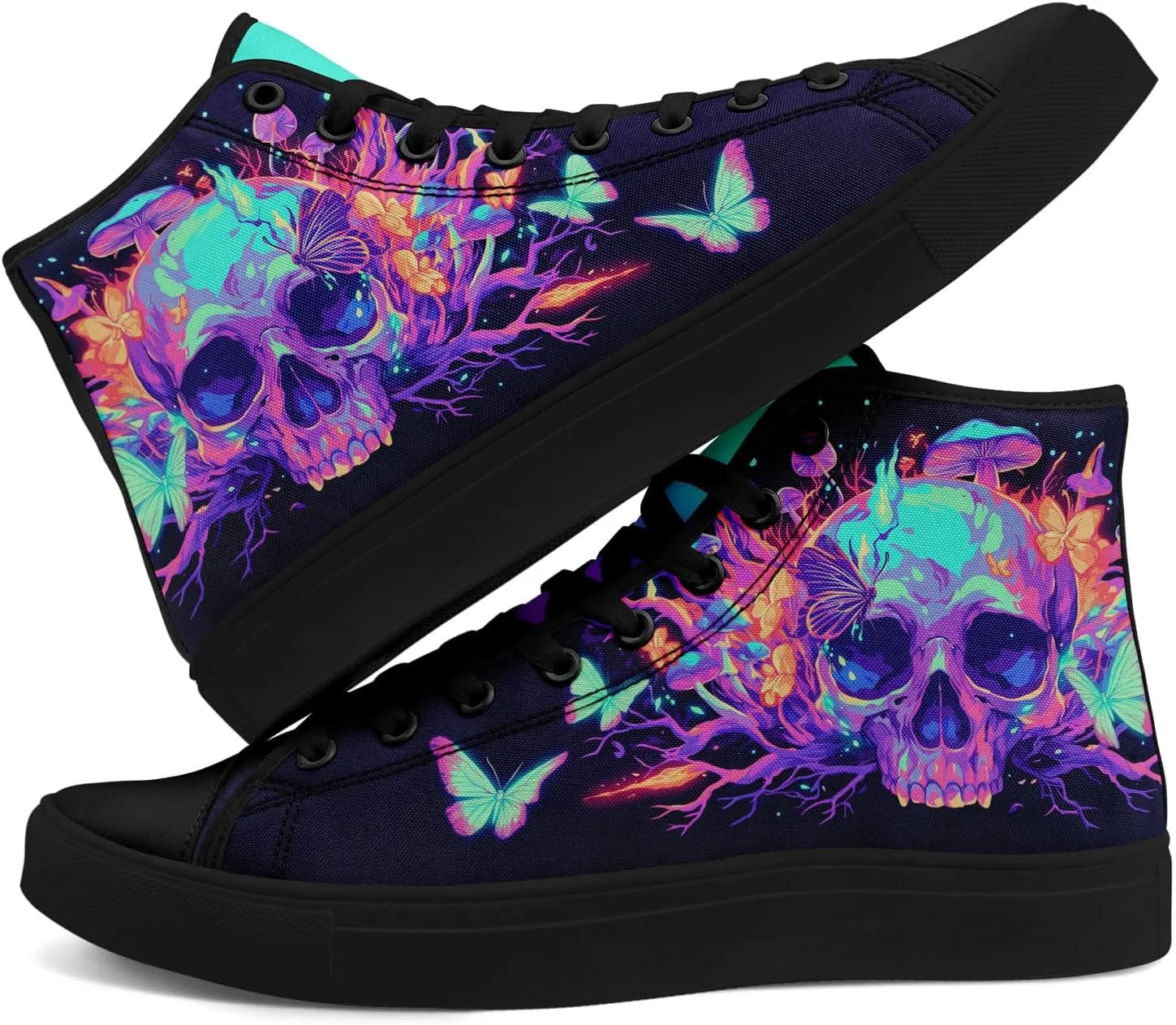 Gothic Skull High Top Canvas Sneakers for Men Women Butterflies Flames Flower Vivid Lace up Flat Casual Walking Shoes