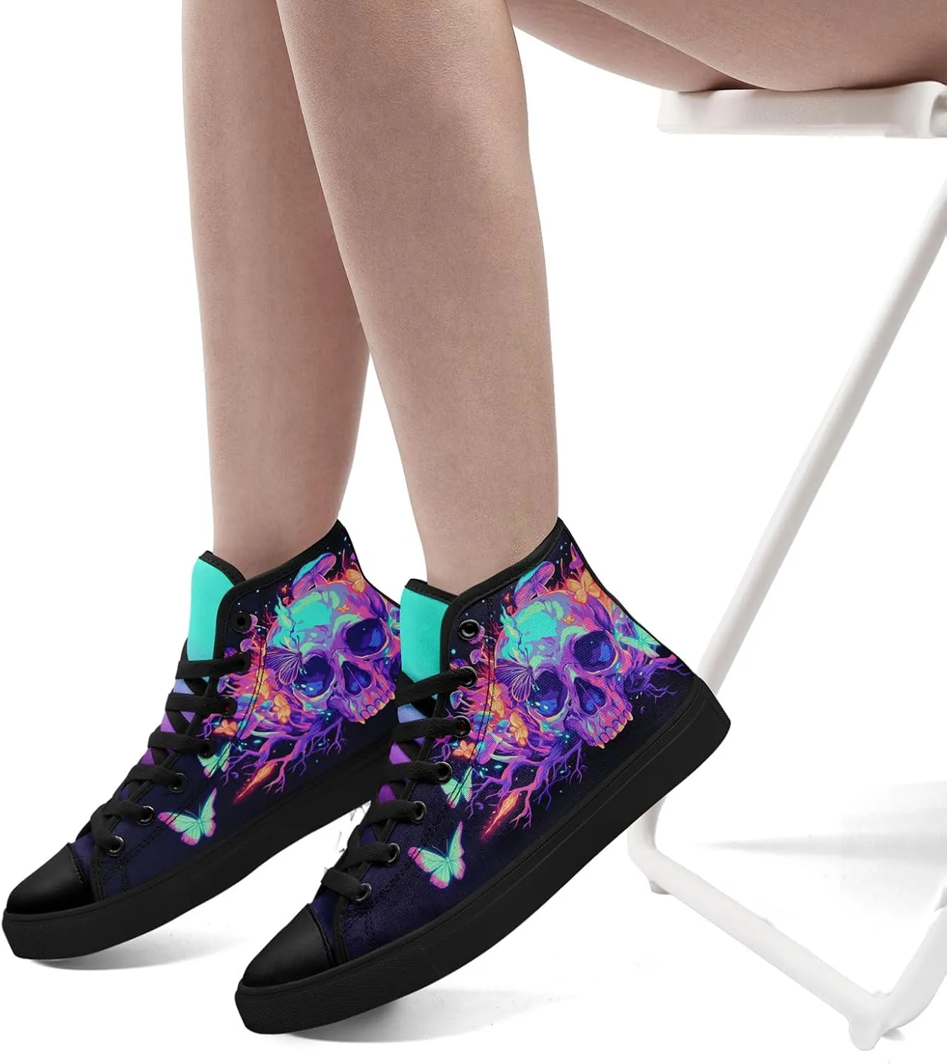 Gothic Skull High Top Canvas Sneakers for Men Women Butterflies Flames Flower Vivid Lace up Flat Casual Walking Shoes
