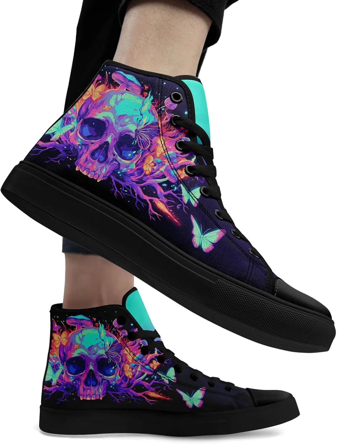 Gothic Skull High Top Canvas Sneakers for Men Women Butterflies Flames Flower Vivid Lace up Flat Casual Walking Shoes
