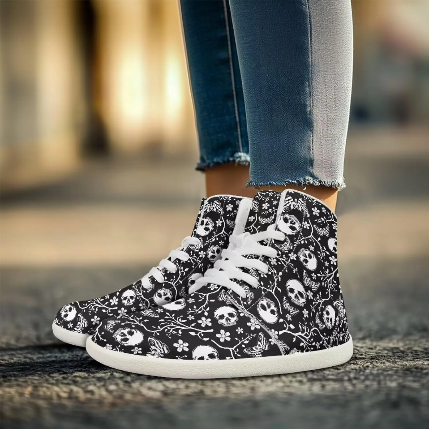 Gothic Skull High Top Sports Shoes for Women Men Running Sneaker PU Leather Athletic Sneakers