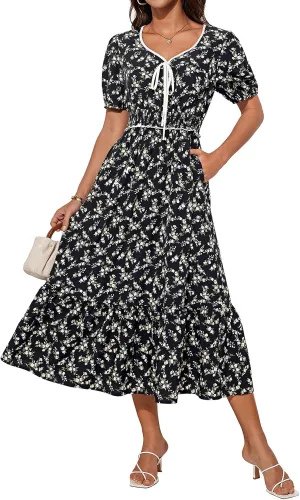 GRACE KARIN 2025 Women's Summer Floral Flowy A Line Midi Dresses Elegant Short Sleeve Smocked V-Neck Tiered Dresses