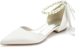 Hanfike Girls Womens Elegant Wedding Flats Ankle Chains Pointed Toe Formal Evening Shoes with Ribbon JY286