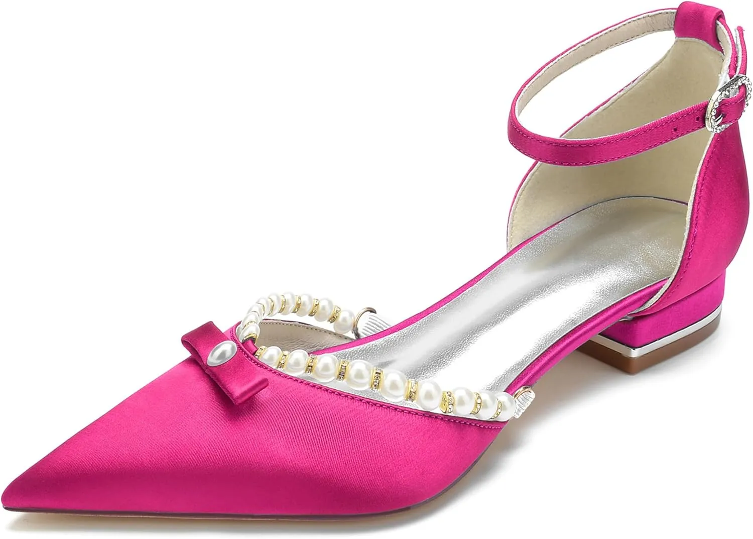 Hanfike Wedding Dress Flats for Women Ankle Strap Pointed Toe Evening Pumps with Beads JY199