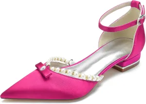 Hanfike Wedding Dress Flats for Women Ankle Strap Pointed Toe Evening Pumps with Beads JY199