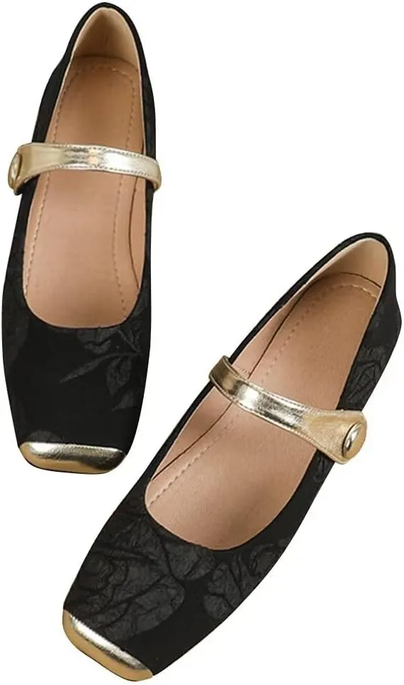 Hee grand Elegant Square Toe Mary Jane Shoes for Women Chinese Style Embroidered Flats with Ankle Strap