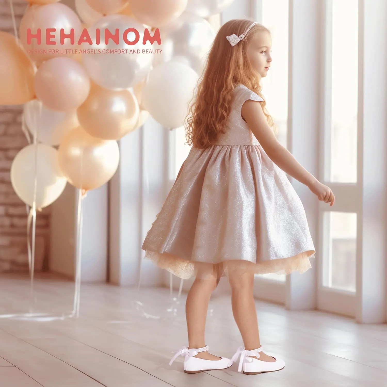 Hehainom Toddler Girls Dress Shoes Flower Girl Little Kids Mary Jane Ballet Flats Pearls Bow Wedding Party Communion Shoes