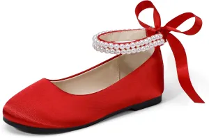 Hehainom Toddler Girls Dress Shoes Flower Girl Little Kids Mary Jane Ballet Flats Pearls Bow Wedding Party Communion Shoes
