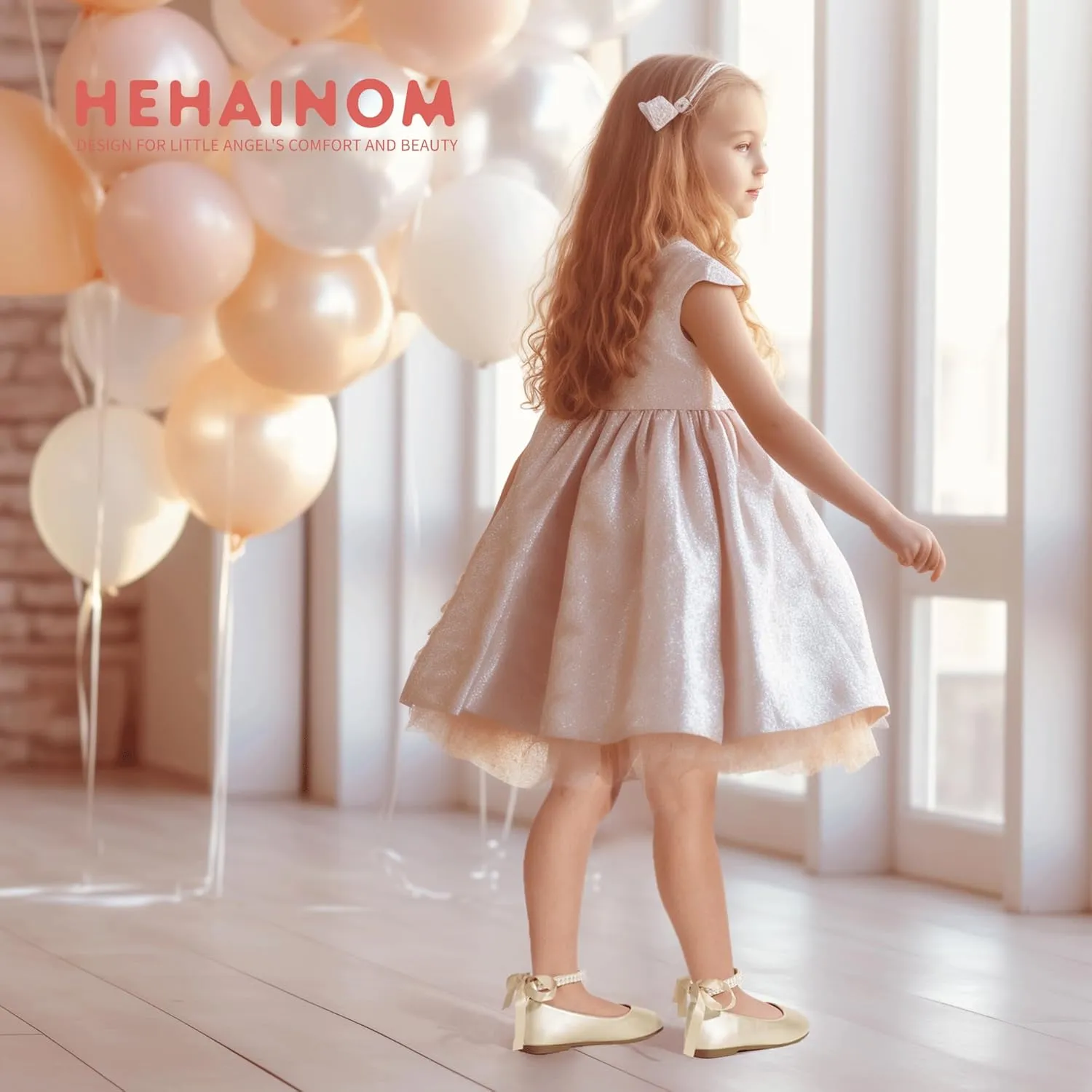 Hehainom Toddler Girls Dress Shoes Flower Girl Little Kids Mary Jane Ballet Flats Pearls Bow Wedding Party Communion Shoes