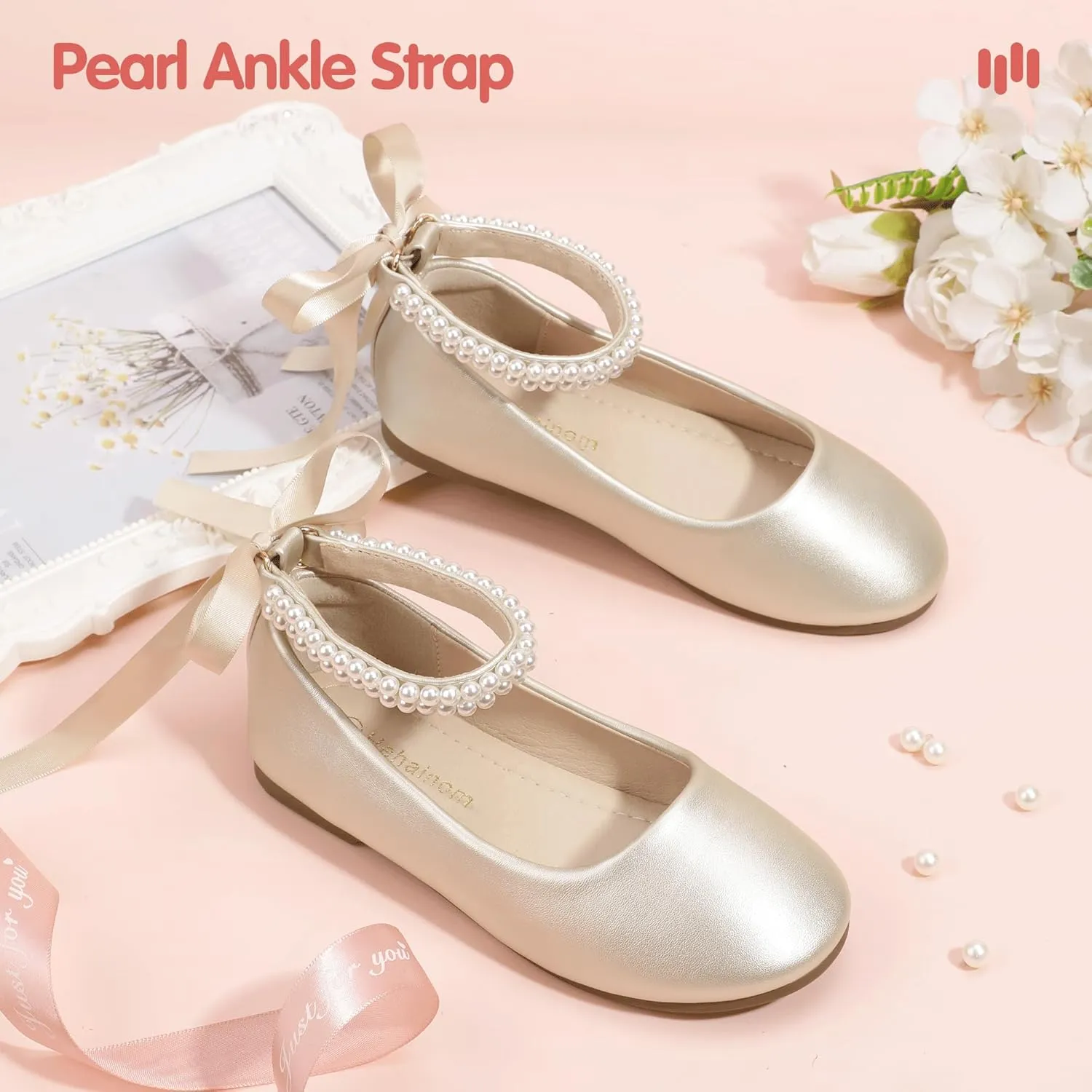 Hehainom Toddler Girls Dress Shoes Flower Girl Little Kids Mary Jane Ballet Flats Pearls Bow Wedding Party Communion Shoes