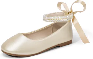 Hehainom Toddler Girls Dress Shoes Flower Girl Little Kids Mary Jane Ballet Flats Pearls Bow Wedding Party Communion Shoes