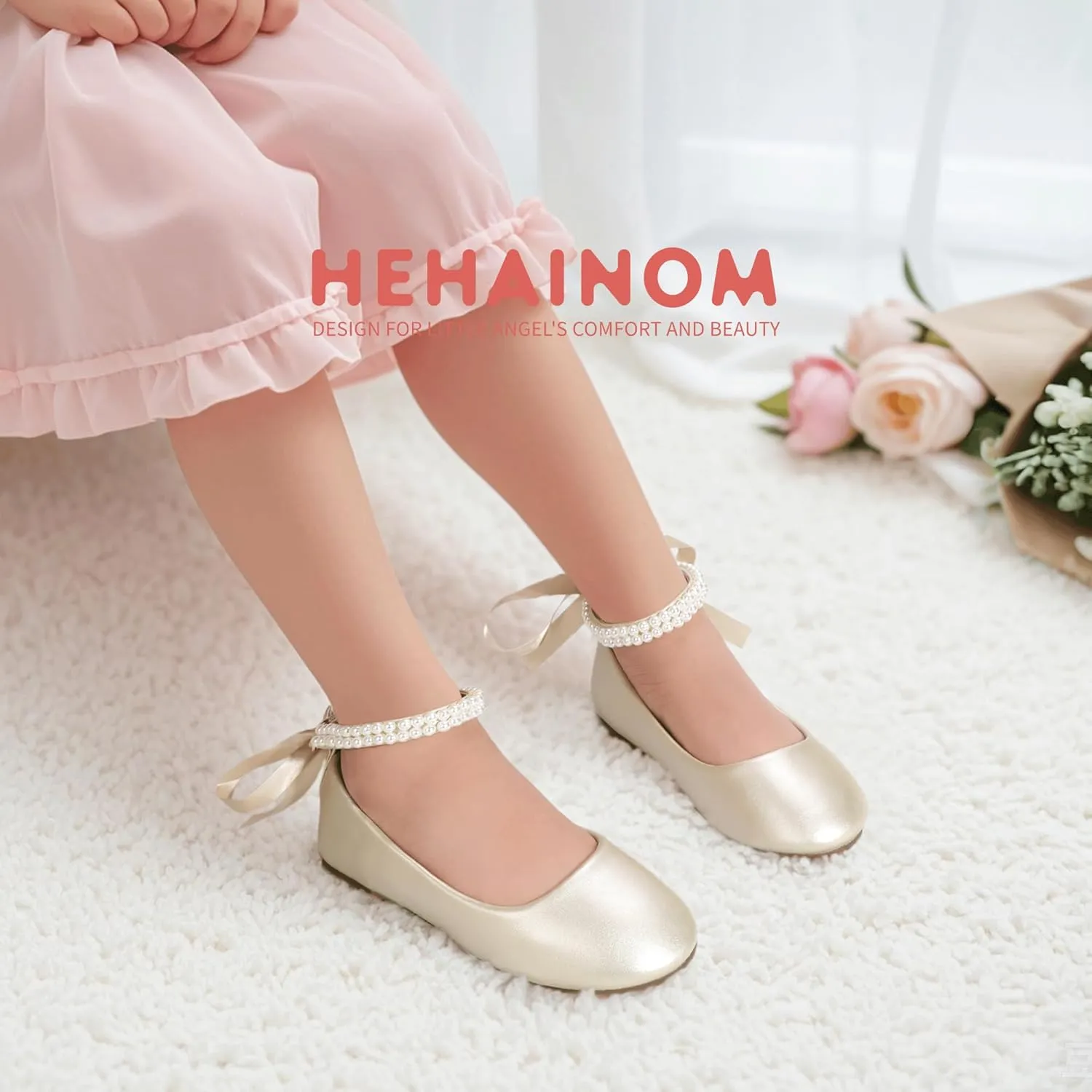 Hehainom Toddler Girls Dress Shoes Flower Girl Little Kids Mary Jane Ballet Flats Pearls Bow Wedding Party Communion Shoes