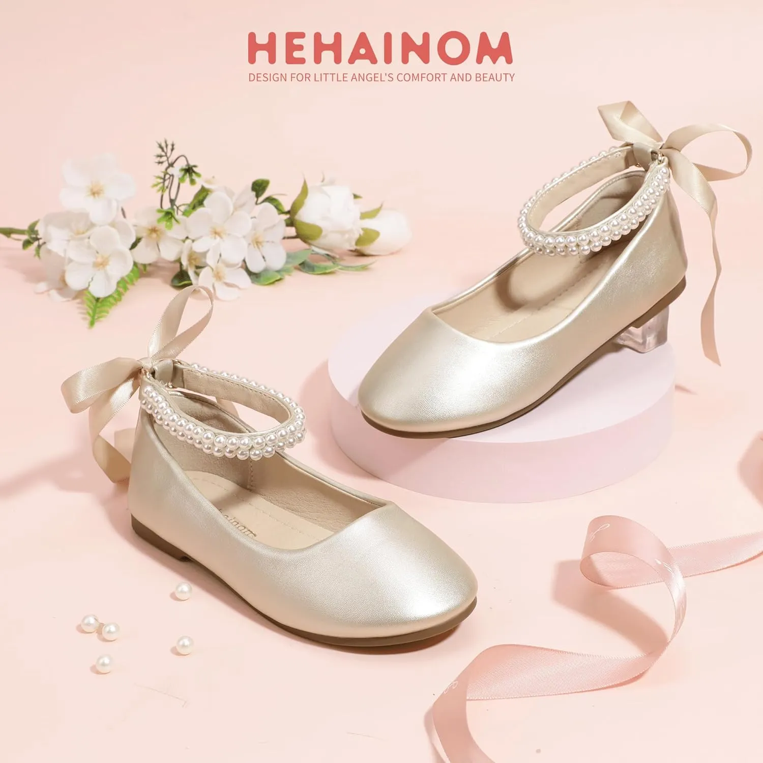 Hehainom Toddler Girls Dress Shoes Flower Girl Little Kids Mary Jane Ballet Flats Pearls Bow Wedding Party Communion Shoes