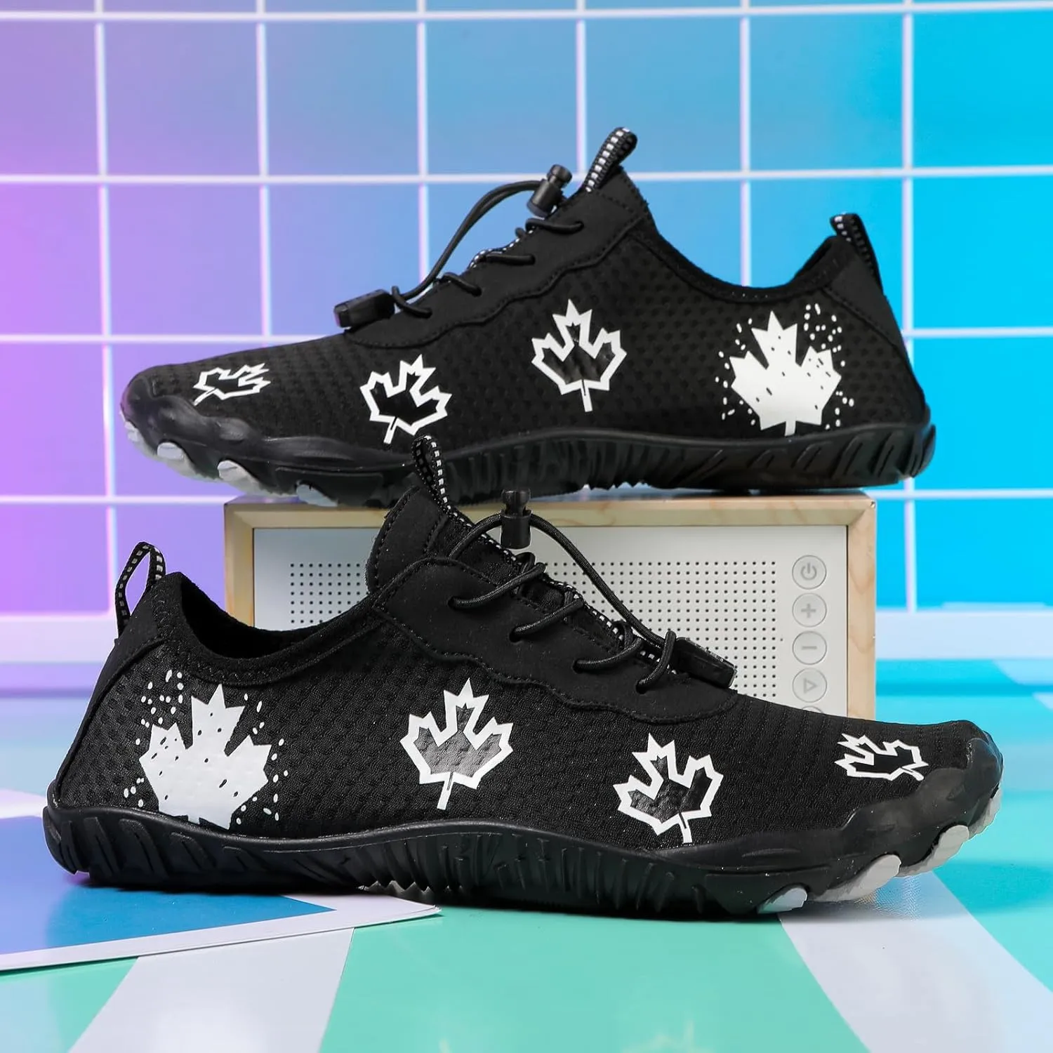 Hike Barefoot Shoes Women Wide Toe Box Mens Grounded Footwear Maple Leaf Print Non-Slip Water Shoe Lightweight Sneakers for Hiking Running Swimming Fishing Couple Athletic Runing Breathable Sneaker